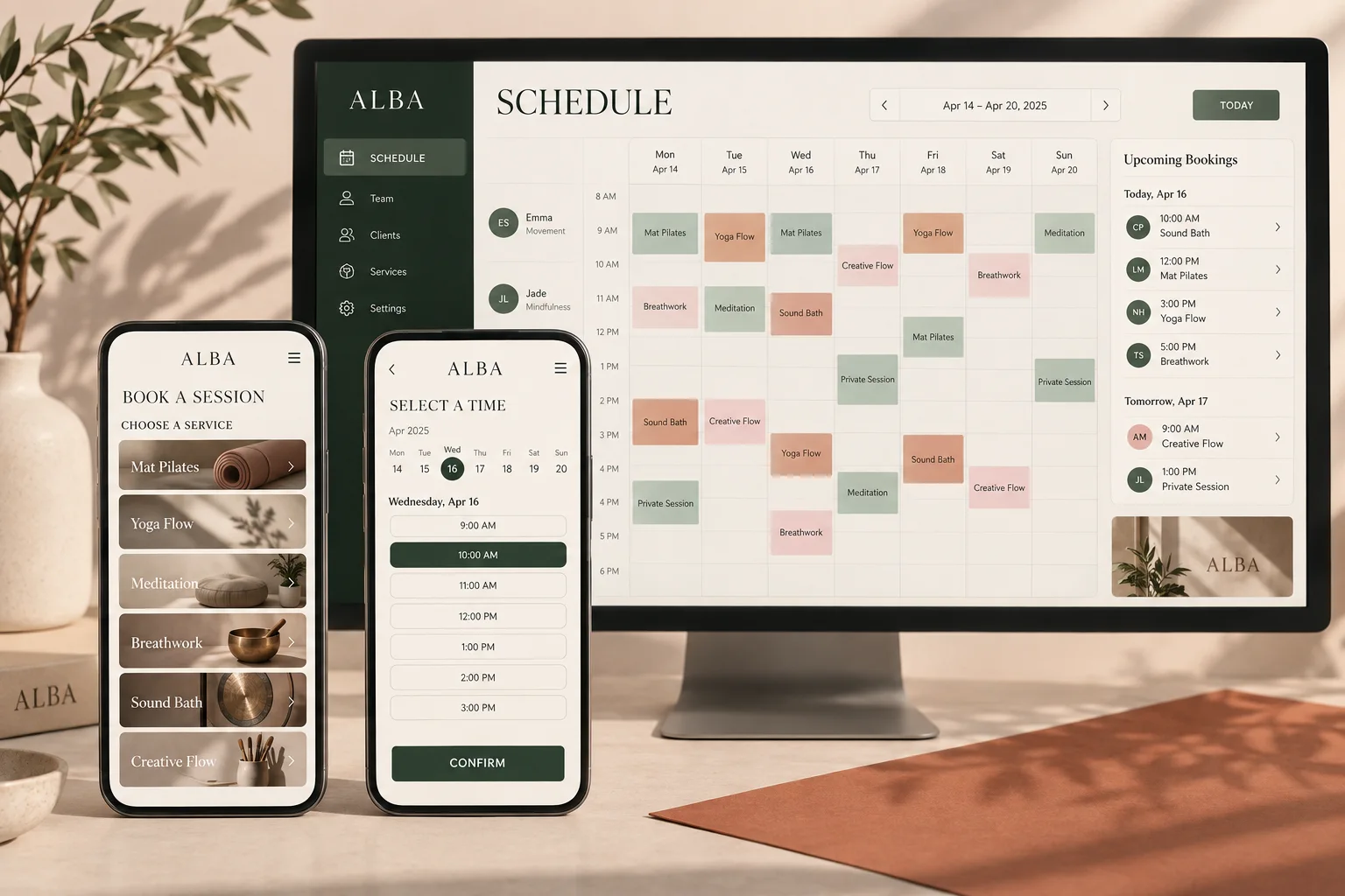 Concept demonstration of an Android and iOS booking app with service selection, available time slots and confirmation screens, alongside a desktop team schedule.