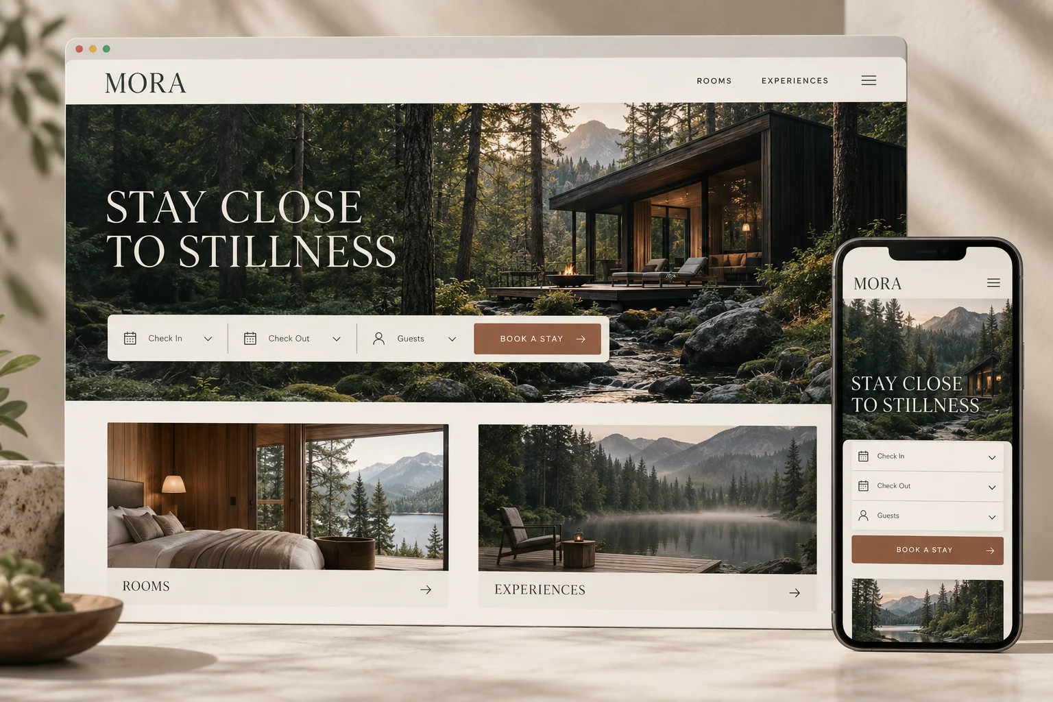 Concept demonstration of a boutique stay website showing an editorial desktop homepage, room cards and a mobile booking screen.