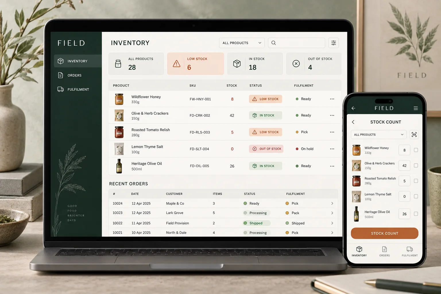 Concept demonstration of an inventory and order workspace with stock alerts, fulfilment status, filters and an order table.